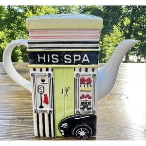MSRF His Spa Her Spa Ceramic Teapot Salon Barber Shop Storefront w Lid
